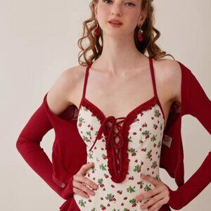 LACEMADE VIBRANT STRAWBERRY BODYSUIT NWT SIZE XL FRONT CORSET LACING.
